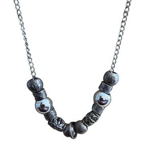 Silver Tone Beaded Necklace Floral Engraved Charms Toggle Clasp Boho Chic